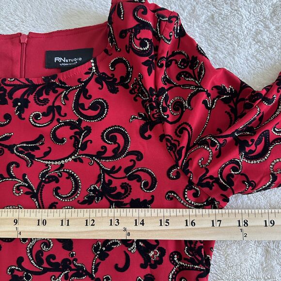 RN Studio Dress Size 6 Red Black Scroll Print Sheath Short Sleeve Holiday Party - Picture 9 of 11